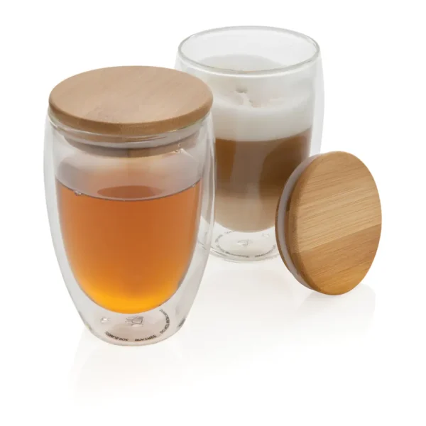 Dubbelwandig borosilicaatglas met bamboe deksel 350ml set - Afbeelding 3