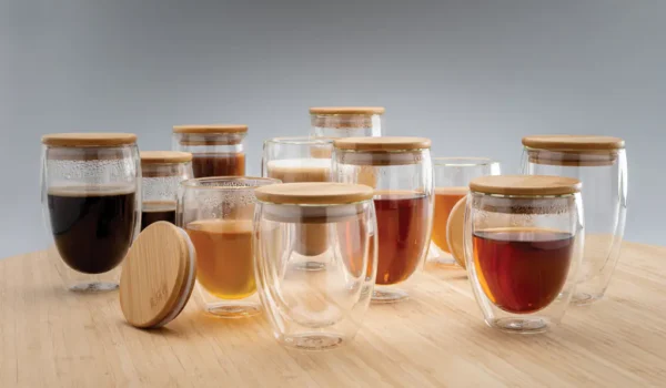 Dubbelwandig borosilicaatglas met bamboe deksel 350ml set - Afbeelding 10