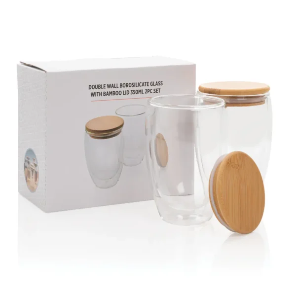 Dubbelwandig borosilicaatglas met bamboe deksel 350ml set - Afbeelding 5