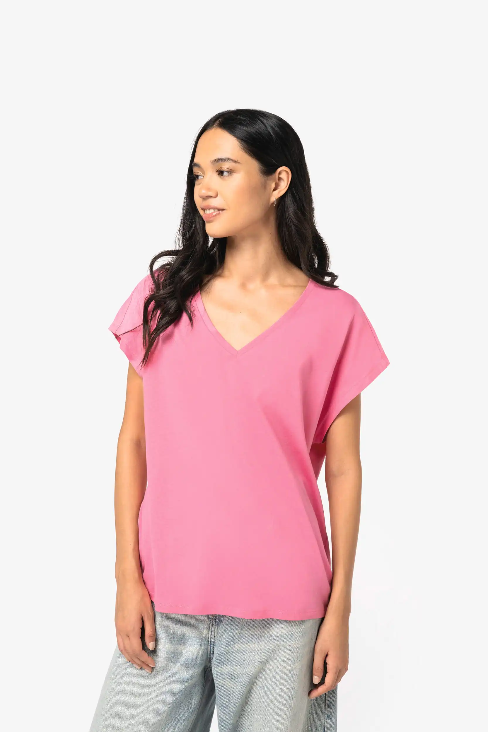 Ecologisch baggy dames-T-shirt V-hals