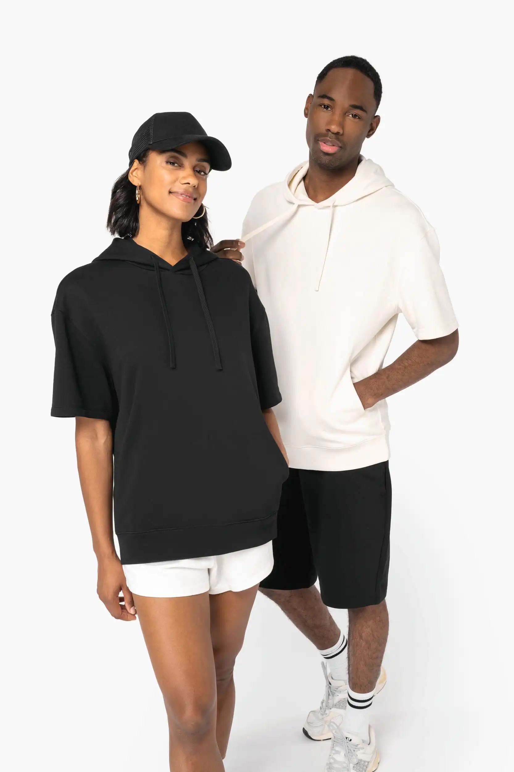 Duurzame unisex sweater met capuchon en korte afhangende mouwen French Terry