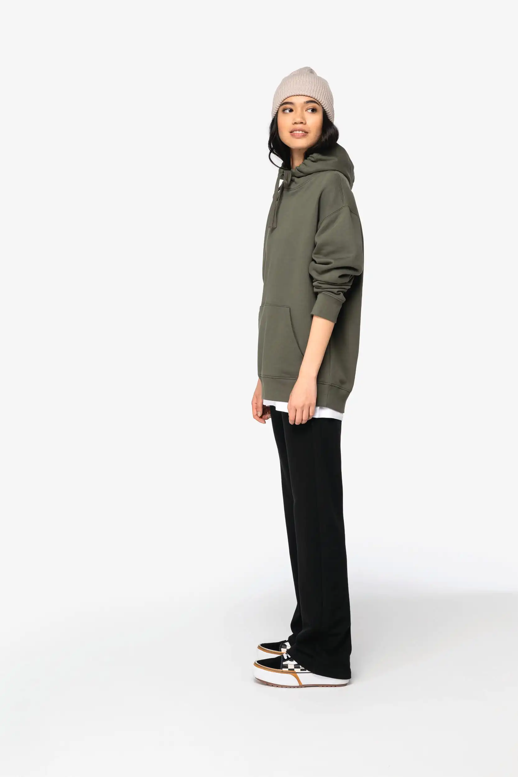 Ecologische uniseks sweater met capuchon en afhangende mouwen in geborsteld fleece - Afbeelding 7