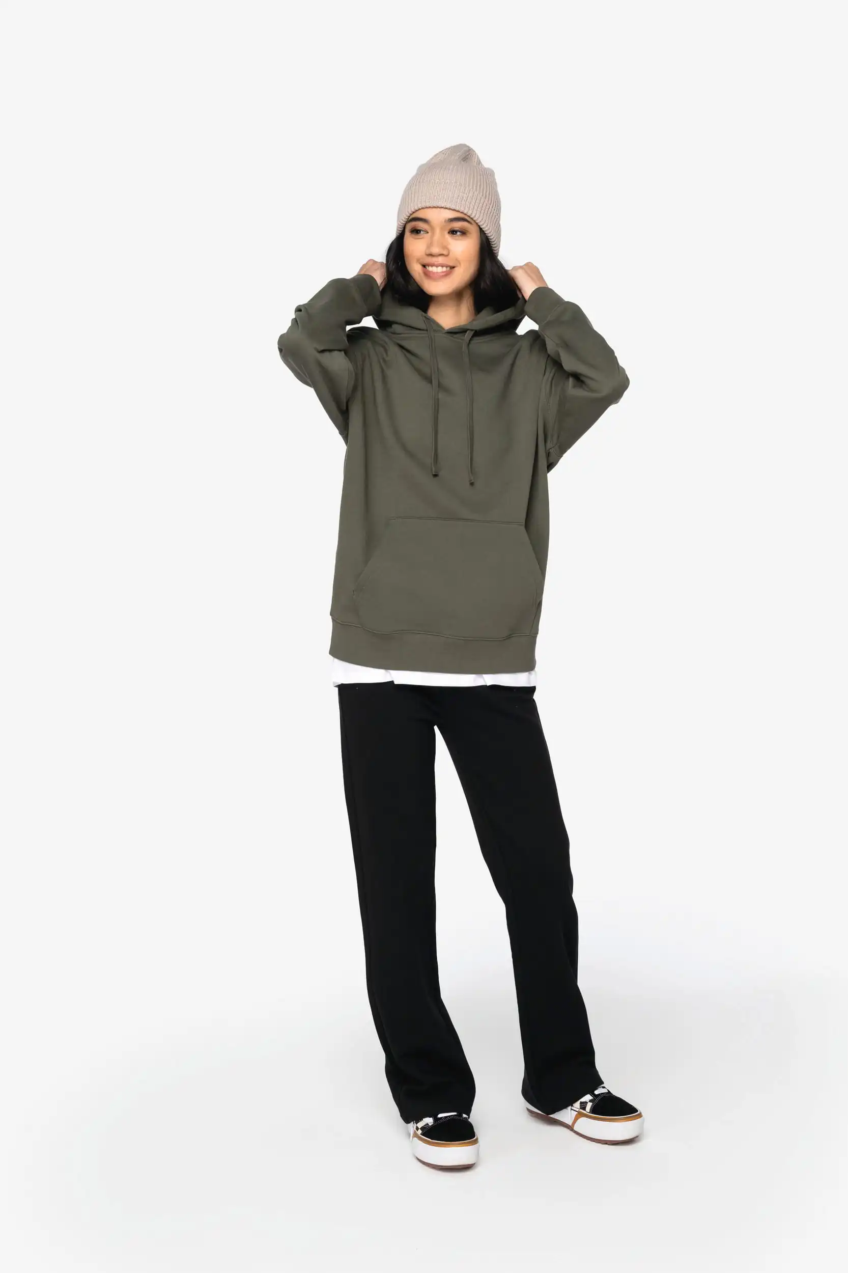 Ecologische uniseks sweater met capuchon en afhangende mouwen in geborsteld fleece - Afbeelding 14