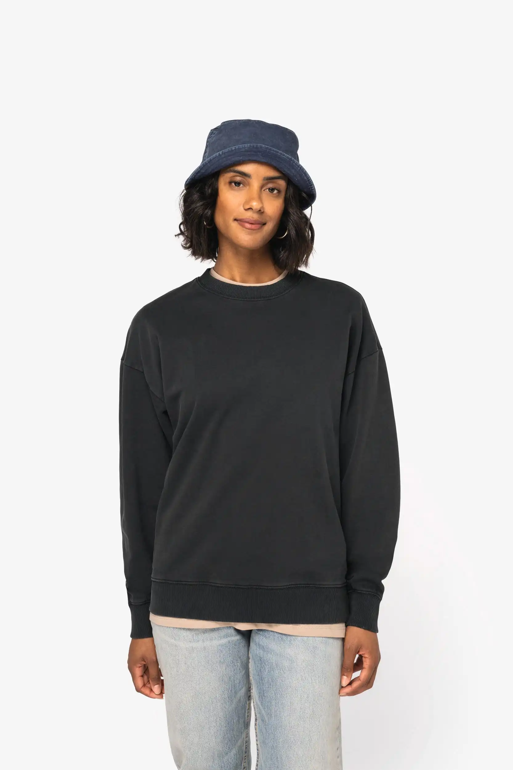 Duurzame oversized verwassen uniseks sweater met ronde hals - Afbeelding 3