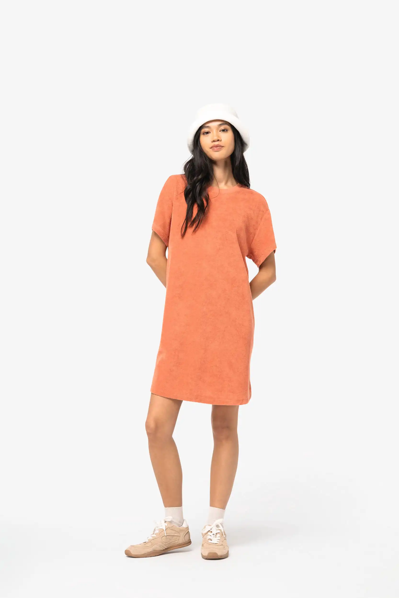 Ecologische badstof t-shirtjurk met afhangende mouwen