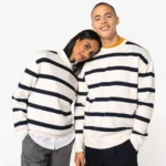 Ecologische gestreepte uniseks sweater met ronde hals en afhangende schouders