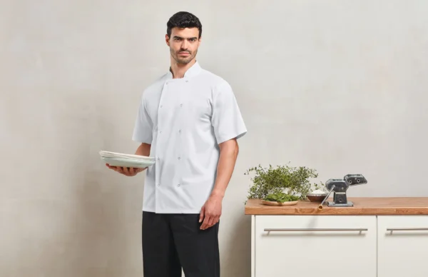 Studded Front Short Sleeve Chef's Jacket