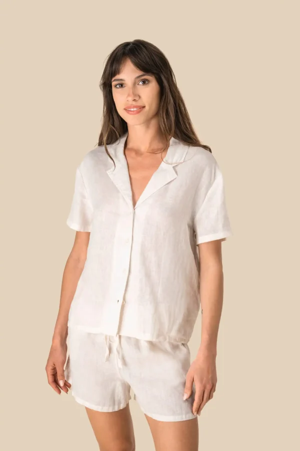 Damesoverhemd met korte mouwen en bowlingkraag van linnen