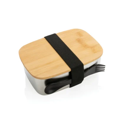 Roestvrijstalen lunchbox met bamboe deksel en spork zilver