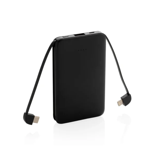 5.000 mAh zakformaat powerbank met geïntegreerde kabels zwart