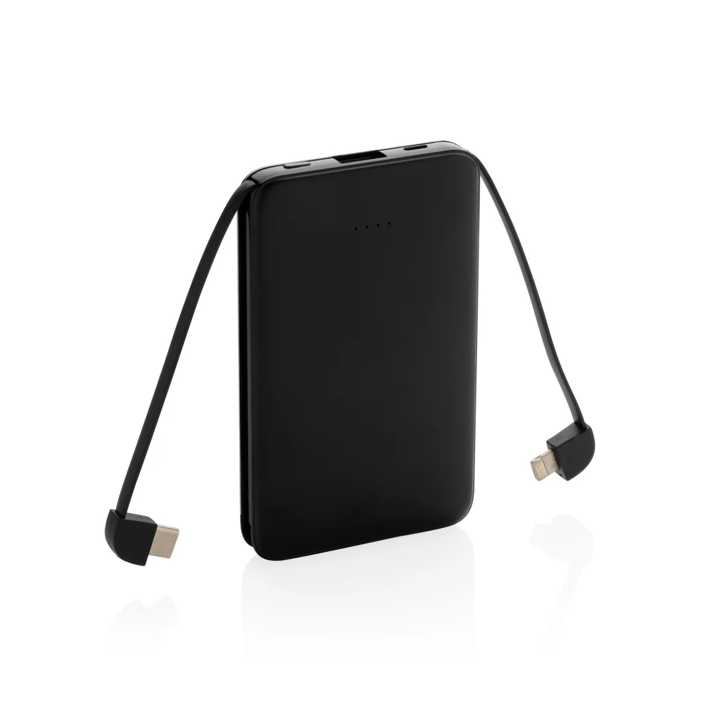 5.000 mAh zakformaat powerbank met geïntegreerde kabels zwart
