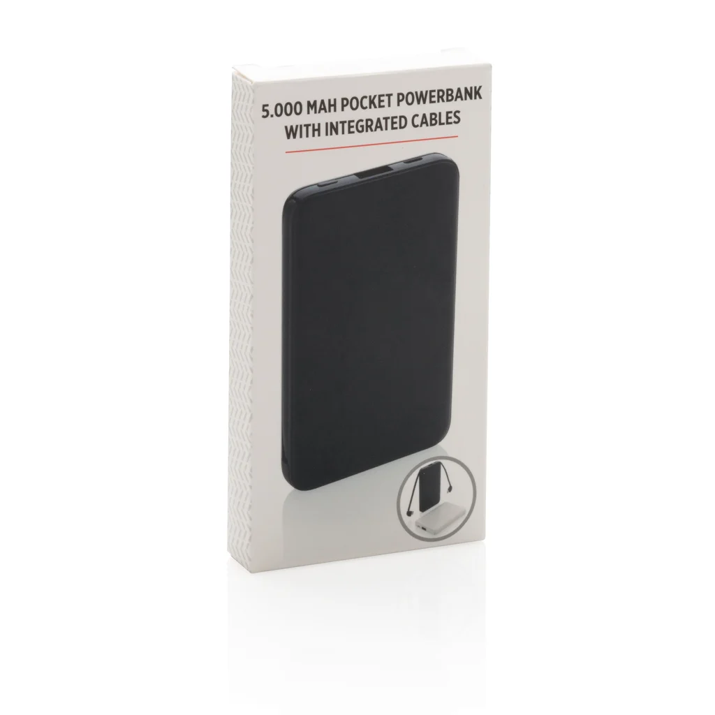 5.000 mAh zakformaat powerbank met geïntegreerde kabels
