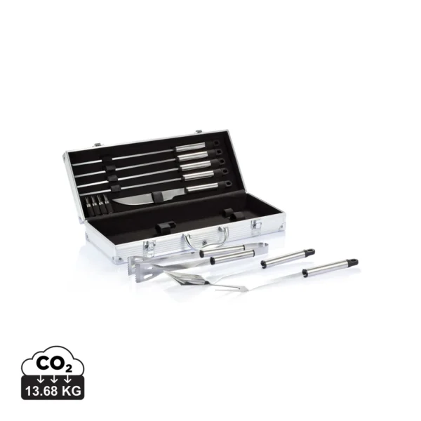 12-delige barbecue set in aluminium koffer zilver, zwart