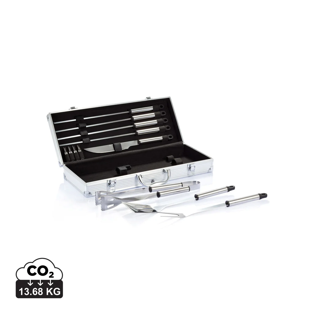 12-delige barbecue set in aluminium koffer zilver, zwart