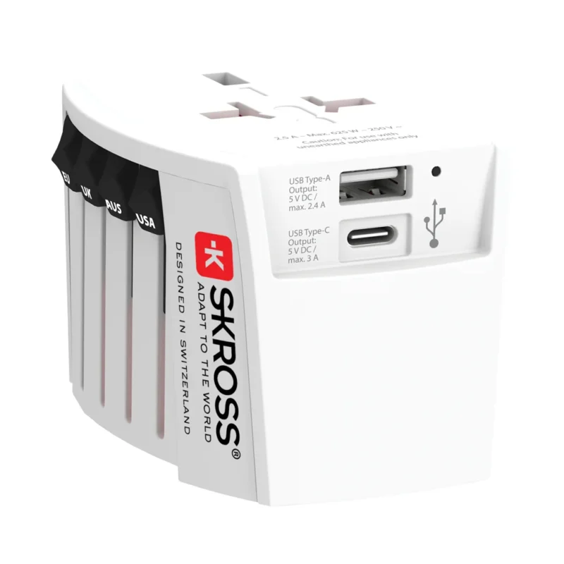 SKROSS MUV 2-polige wereldreisadapter met USB A en C wit