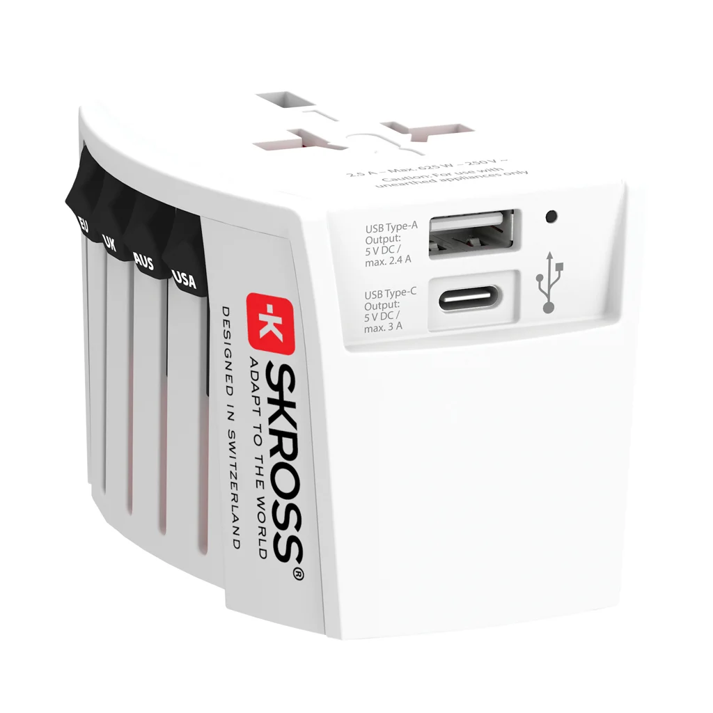 SKROSS MUV 2-polige wereldreisadapter met USB A en C wit