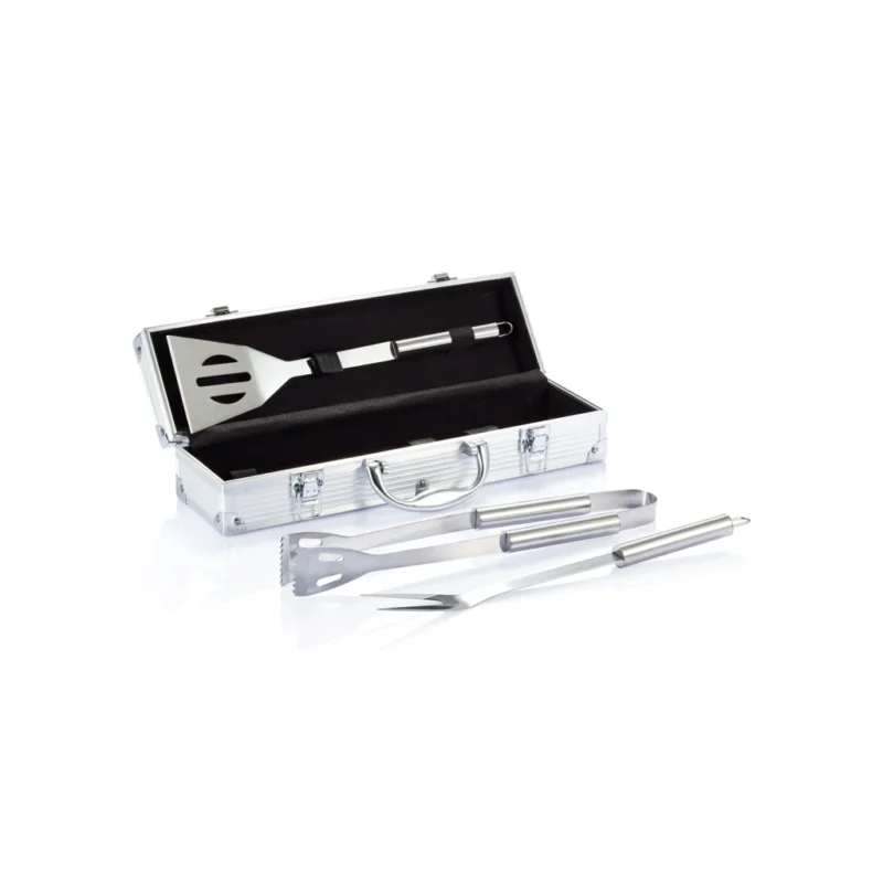 3-delige barbecue set in aluminium koffer zilver, zwart