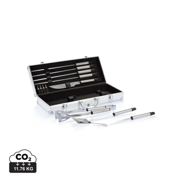 12-delige barbecue set in aluminium koffer zilver, zwart