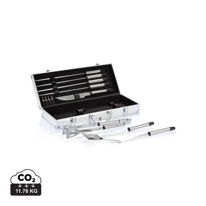 12-delige barbecue set in aluminium koffer zilver, zwart